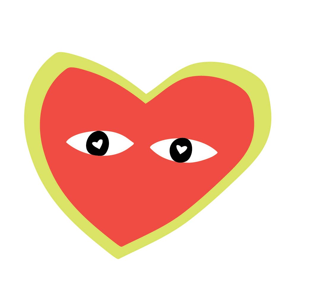 Red heart-shaped vinyl sticker outlined in yellow-green, with cartoon eyes featuring heart-shaped pupils
