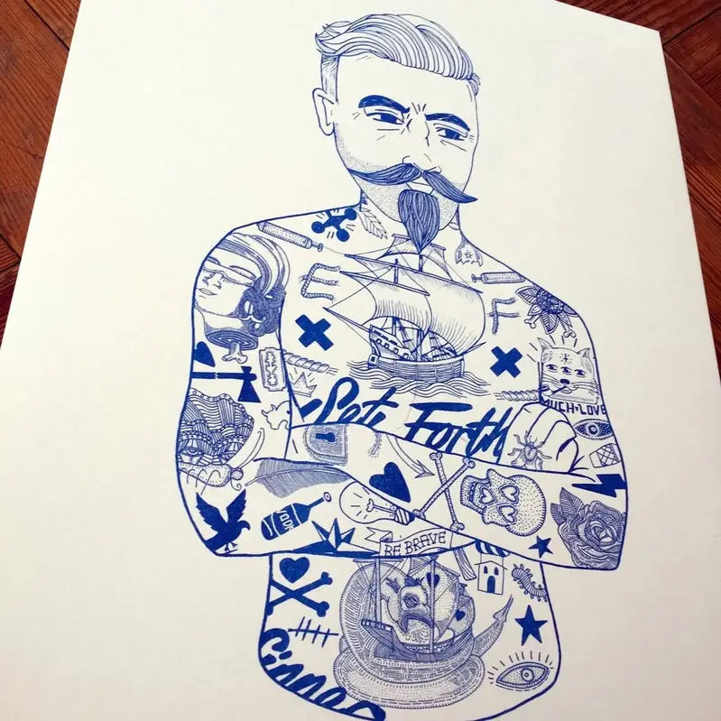 Blue Tat Man A3 Print - PABOOM