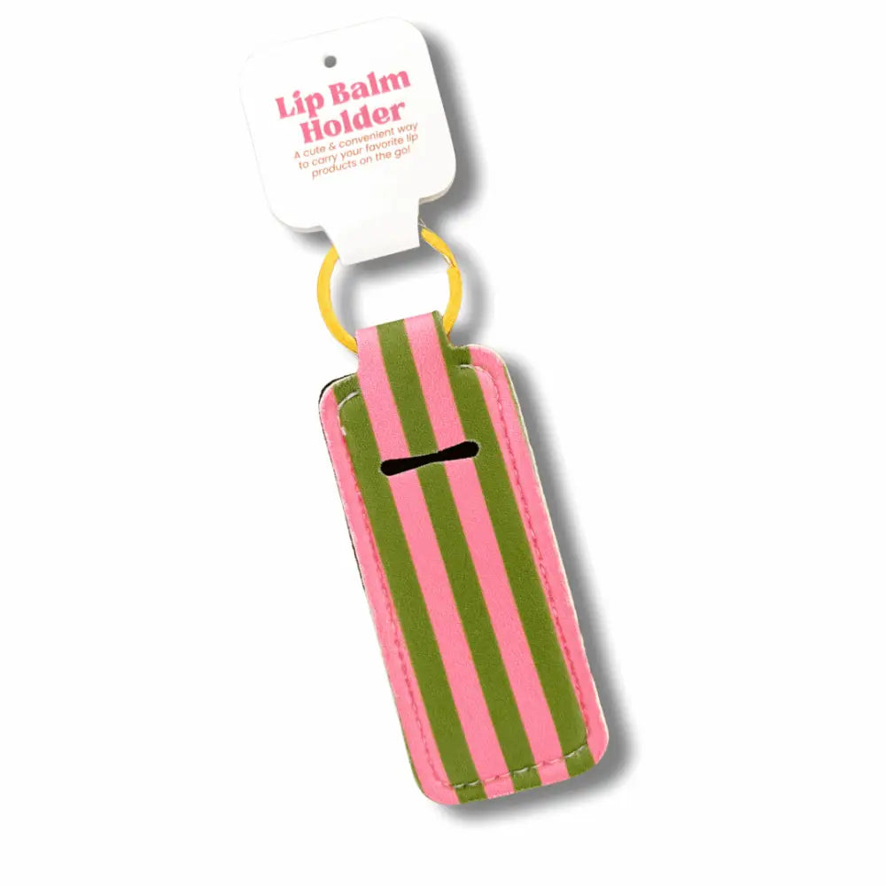 Pink and green striped lip balm keychain holder by Ellē Nicole – durable neoprene with gold key ring clip - PABOOM