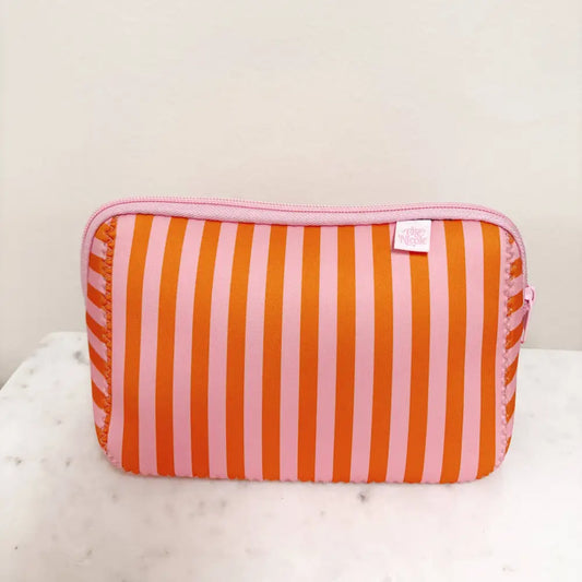 Pink and orange striped neoprene cosmetic bag with zipper and Elle Nicole label – perfect travel makeup pouch - PABOOM
