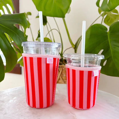 Elle Nicole - Retro Floral + Stripe Drink Sleeve Pink + Red / Large / 24oz