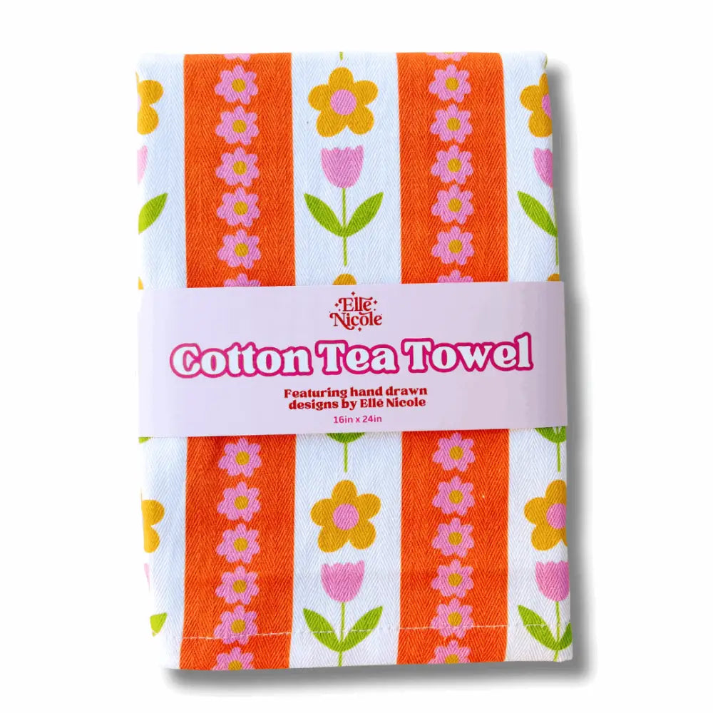 Tulip Stripes Cotton Tea Towel with hand-drawn floral pattern in bright colors – 100% cotton kitchen towel - packaged - PABOOM