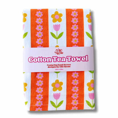 Tulip Stripes Cotton Tea Towel with hand-drawn floral pattern in bright colors – 100% cotton kitchen towel - packaged - PABOOM