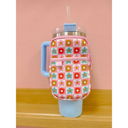 Checkered floral water bottle backpack with zip pouch and strap by Ellē Nicole – attaches securely to cup handle - PABOOM