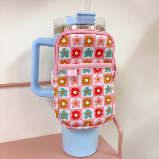 Checkered floral water bottle backpack with zip pouch and strap by Ellē Nicole – attaches securely to cup handle - PABOOM