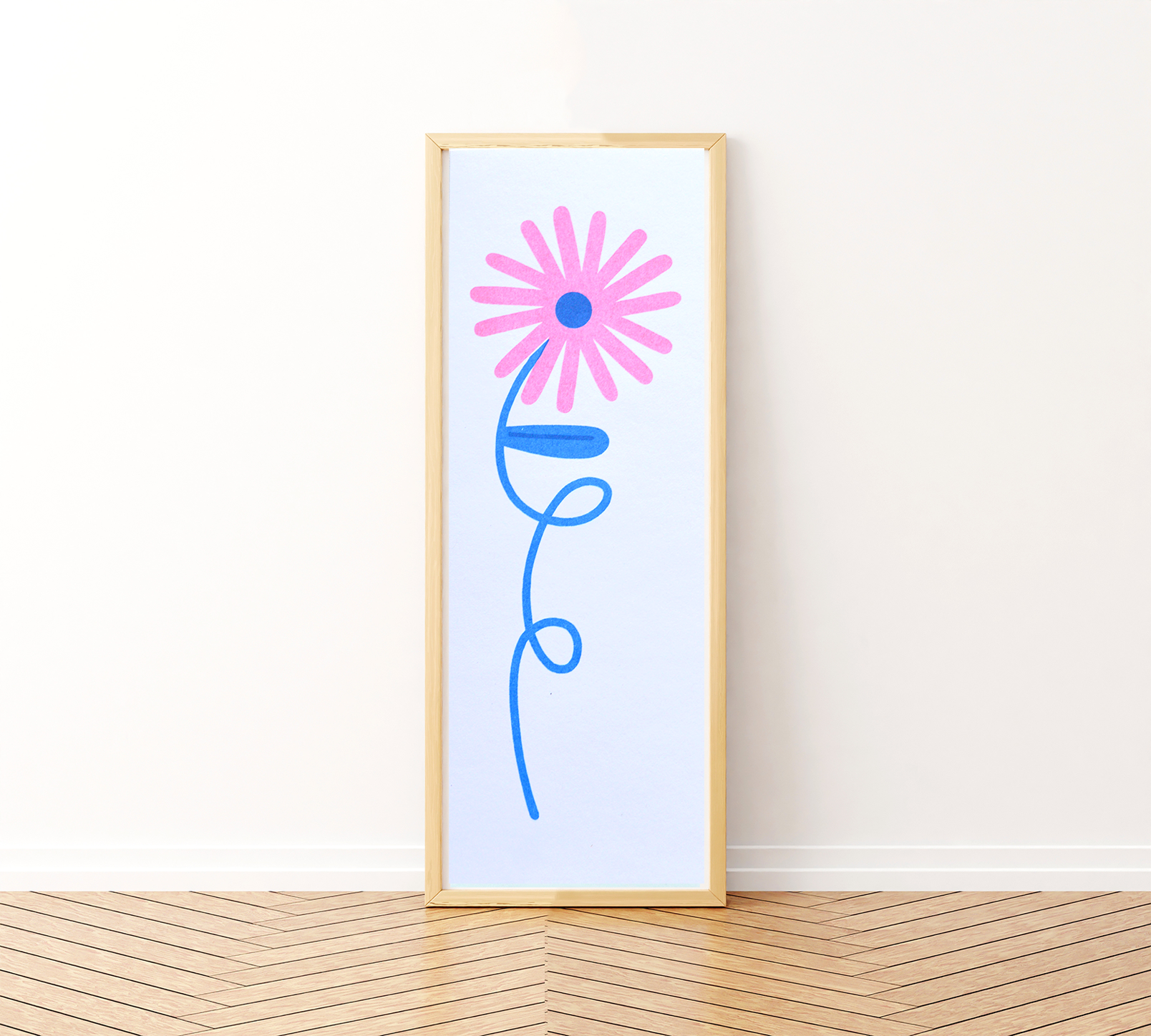 Flower Mini Print — illustration of a pink daisy-style flower with a curling blue line stem, shown framed in a tall narrow frame