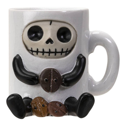Hand-painted resin figurine of a white coffee mug with a skeleton face, black coffee bean arms, and brown coffee bean feet