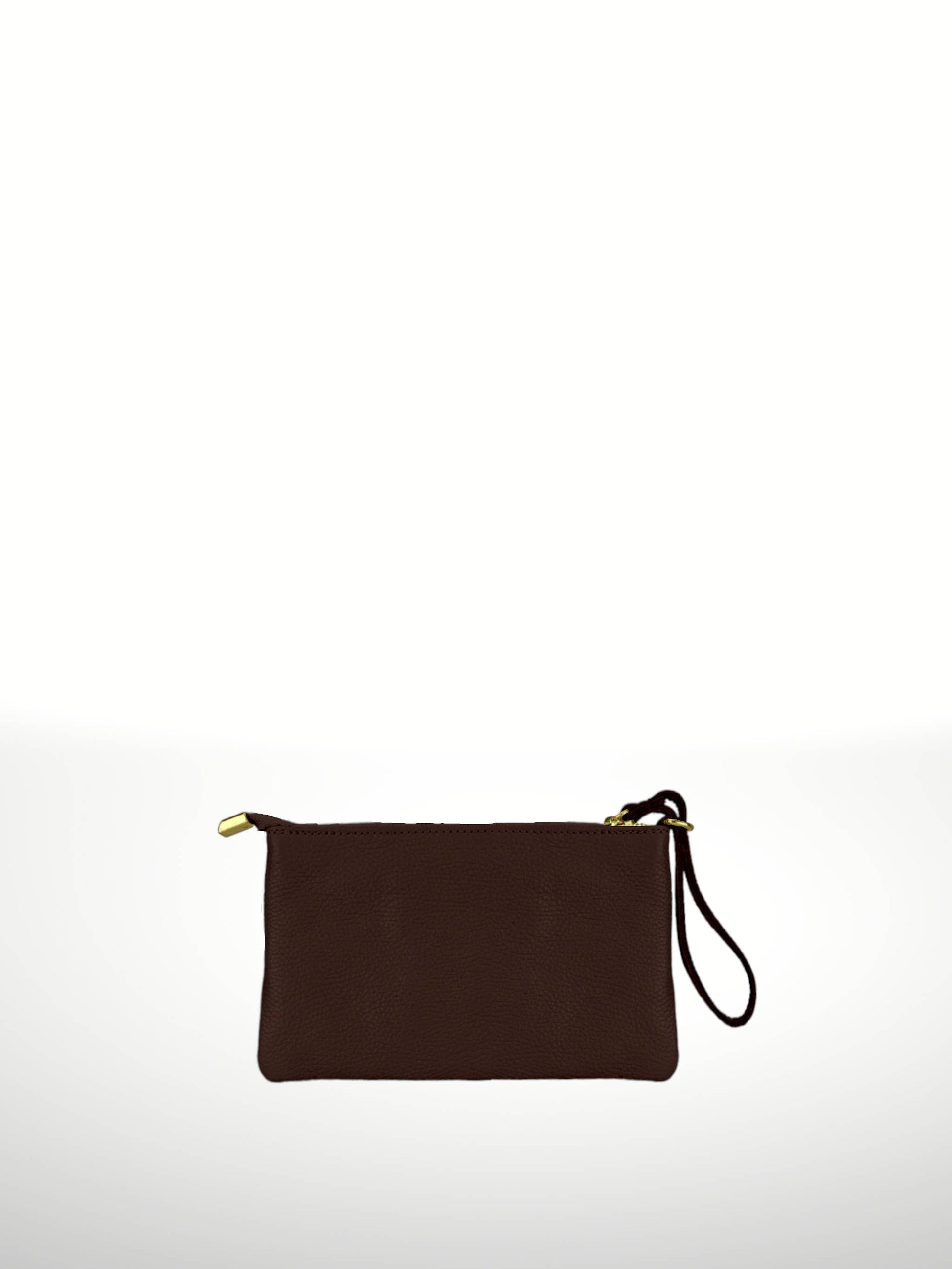 Irene Cowhide Bag in Coffee — flat leather clutch with zip top and detachable wristlet strap, shown on white background
