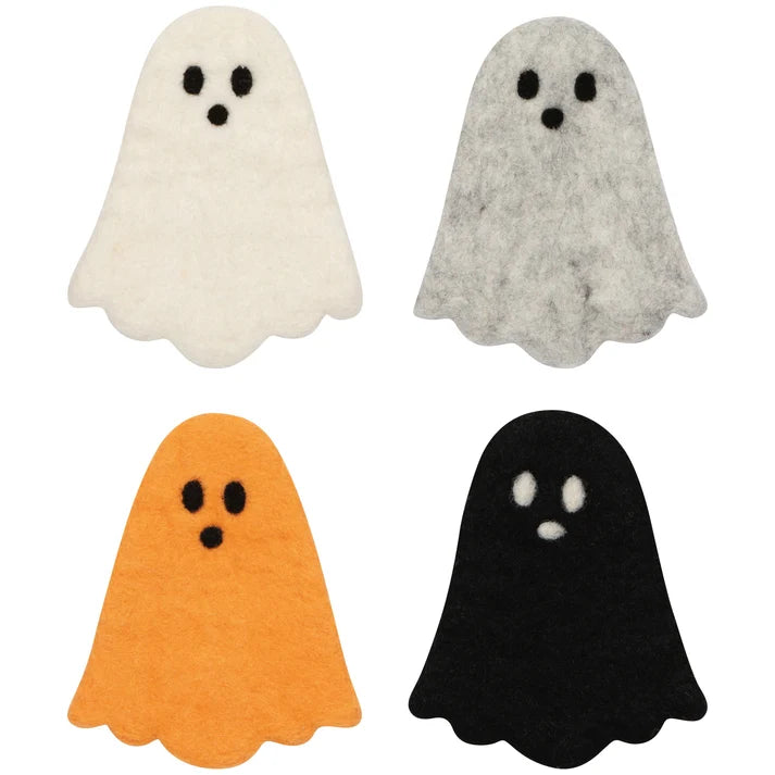 Four felted wool coasters shaped like ghosts in ivory, grey, orange, and black – PABOOM