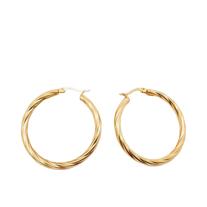 Gold hoop earrings on a light gray background with a wooden block.