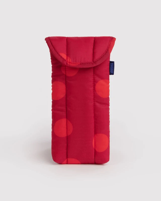 BAGGU Puffy Glasses Sleeve in red polka dot print with magnetic flap closure