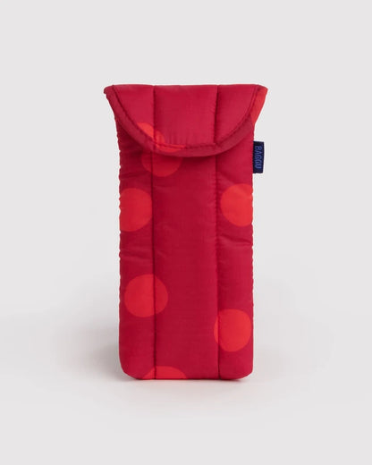 BAGGU Puffy Glasses Sleeve in red polka dot print with magnetic flap closure
