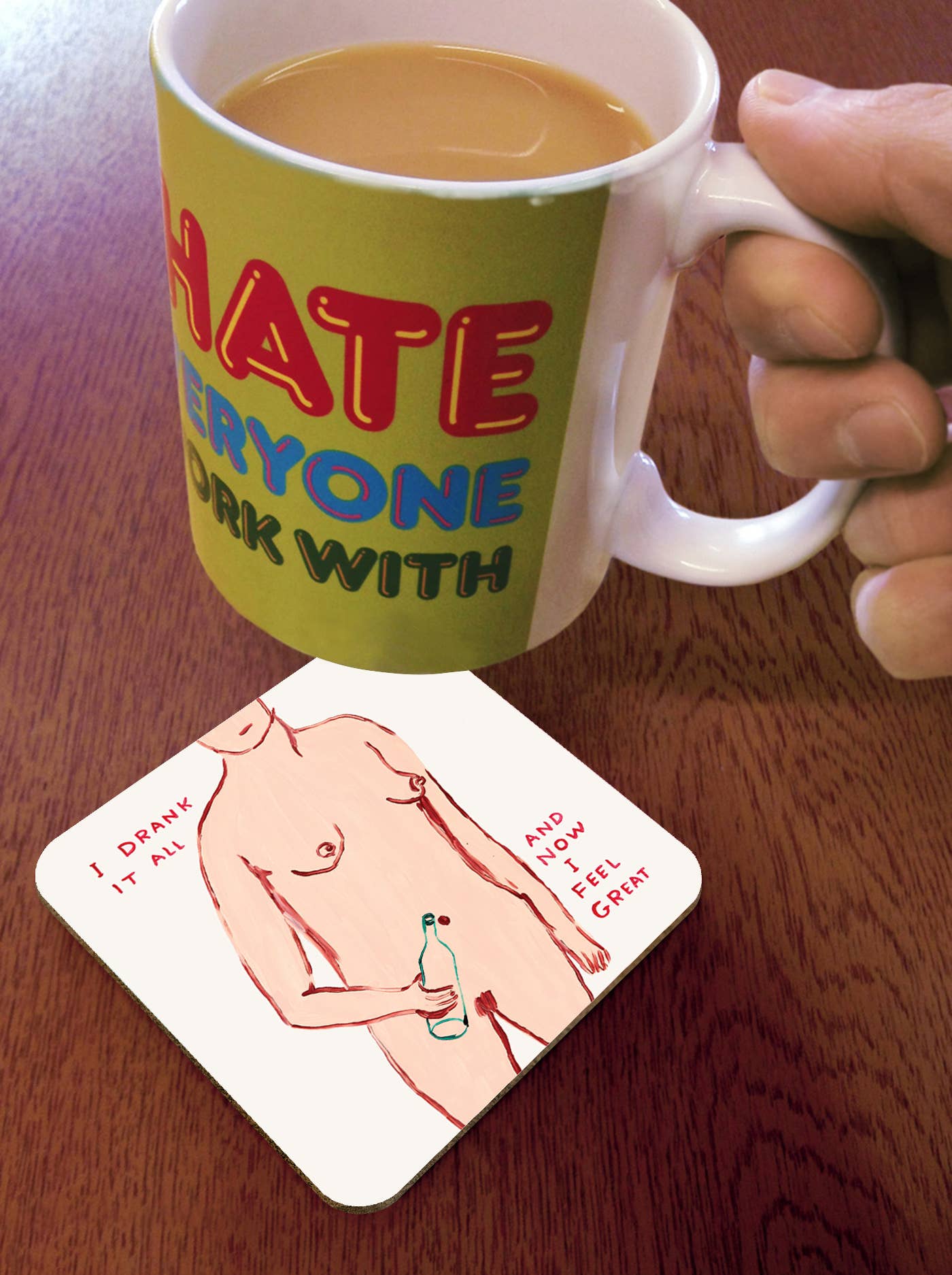 David Shrigley x Brainbox Candy I Drank It All coaster, cork-backed melamine - PABOOM