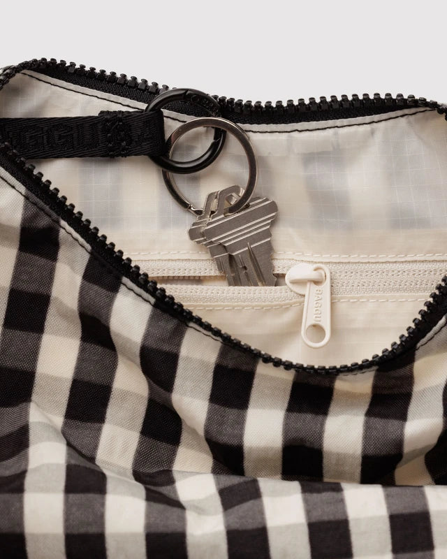 BAGGU Small Nylon Crescent Bag Black and Cream Gingham strap and hardware detail - PABOOM