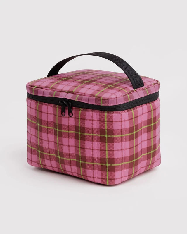 BAGGU Puffy Lunch Bag in azalea pink tartan with black zip closure and carry handle
