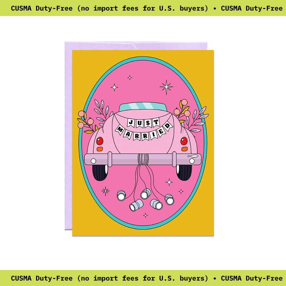 Oval-framed illustration of a pink car with a Just Married banner and cans tied to the bumper, on a mustard yellow background