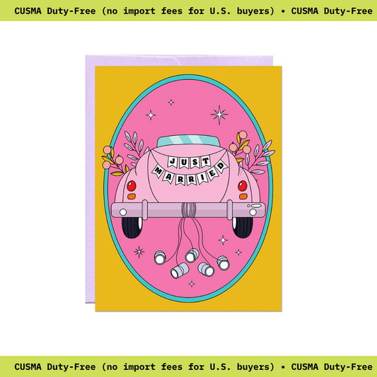 Oval-framed illustration of a pink car with a Just Married banner and cans tied to the bumper, on a mustard yellow background