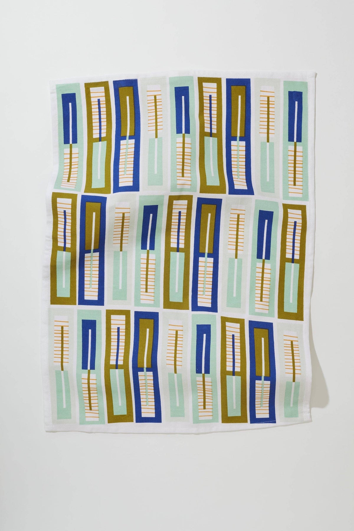 Coda tea towel with blue, navy, mustard and mint rectangle block pattern - PABOOM