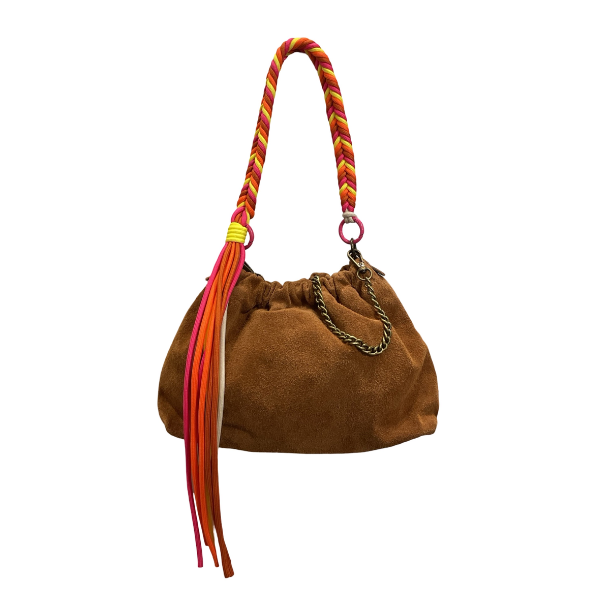 Louisa Lee Plissa Medium drawstring bag in brown suede with red-orange braided cord and tassels - PABOOM