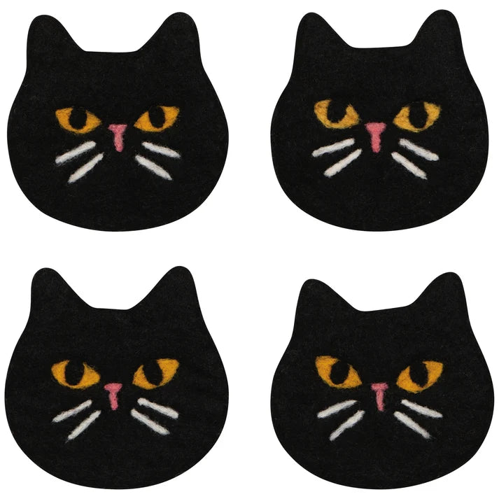 Four black felted wool coasters shaped like cat faces with different coloured eyes – PABOOM