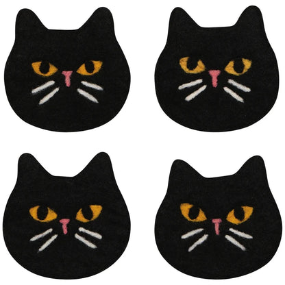 Four black felted wool coasters shaped like cat faces with different coloured eyes – PABOOM
