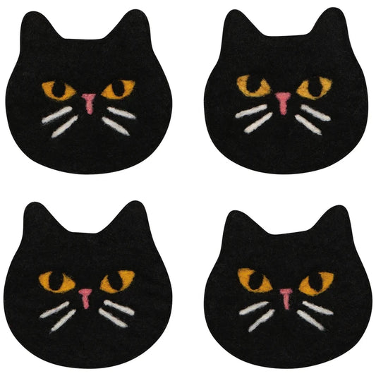 Four black felted wool coasters shaped like cat faces with different coloured eyes – PABOOM