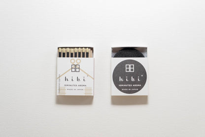 Hibi Japanese Cypress incense matches in a white box, open to show matchsticks beside a closed box - PABOOM