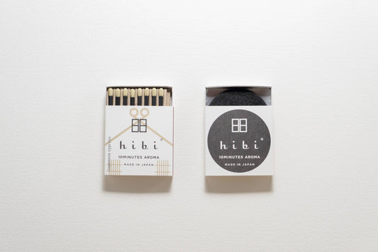 Hibi Japanese Cypress incense matches in a white box, open to show matchsticks beside a closed box - PABOOM