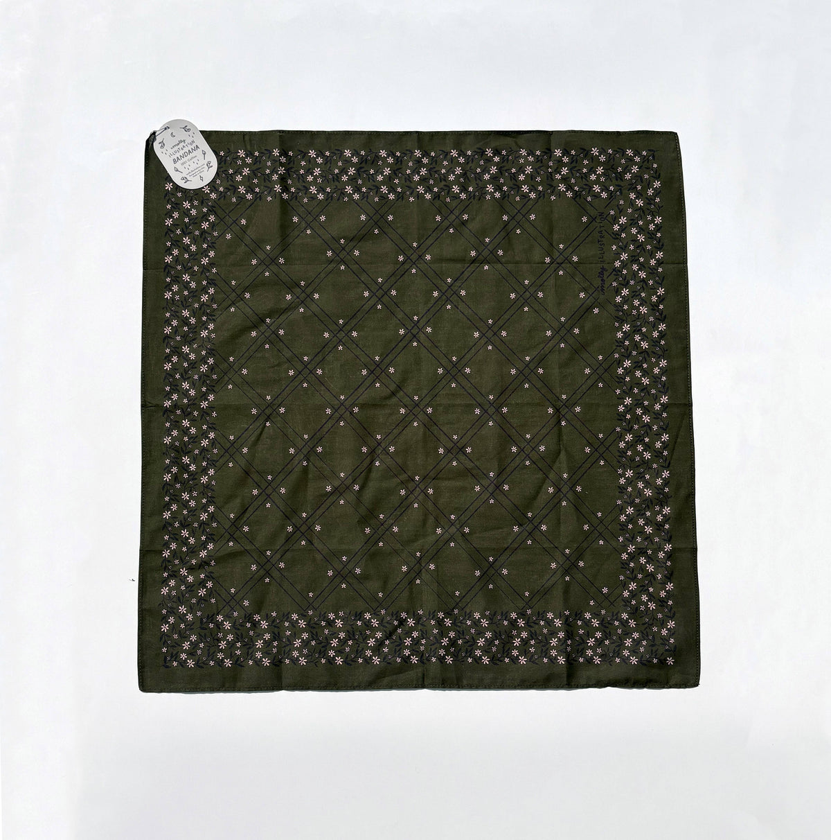 Close-up of the scrolling floral print on the cotton bandana fabric