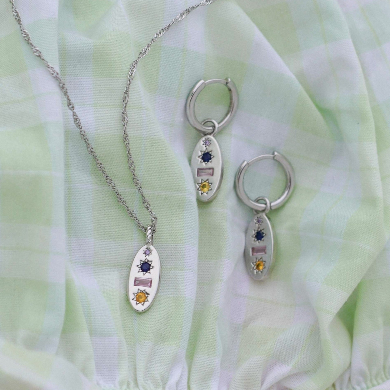 Midnight Gemstone Charm Necklace -  Silver
