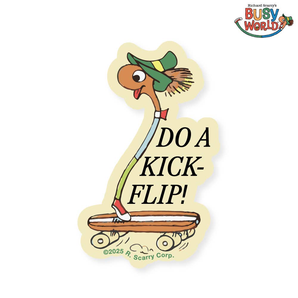 Vinyl sticker of Lowly Worm riding a skateboard next to the words 'Do a Kick-Flip!'