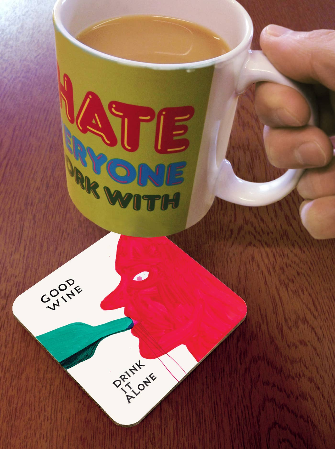 David Shrigley x Brainbox Candy Good Wine Drink Alone coaster, cork-backed melamine - PABOOM