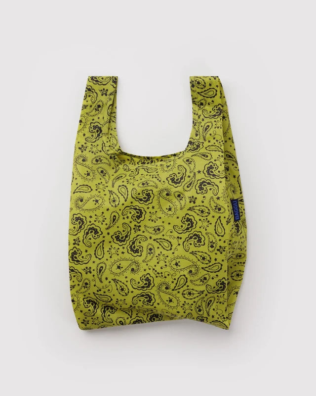 BAGGU Baby Baggu reusable bag in Chartreuse Paisley print folded flat - PABOOM