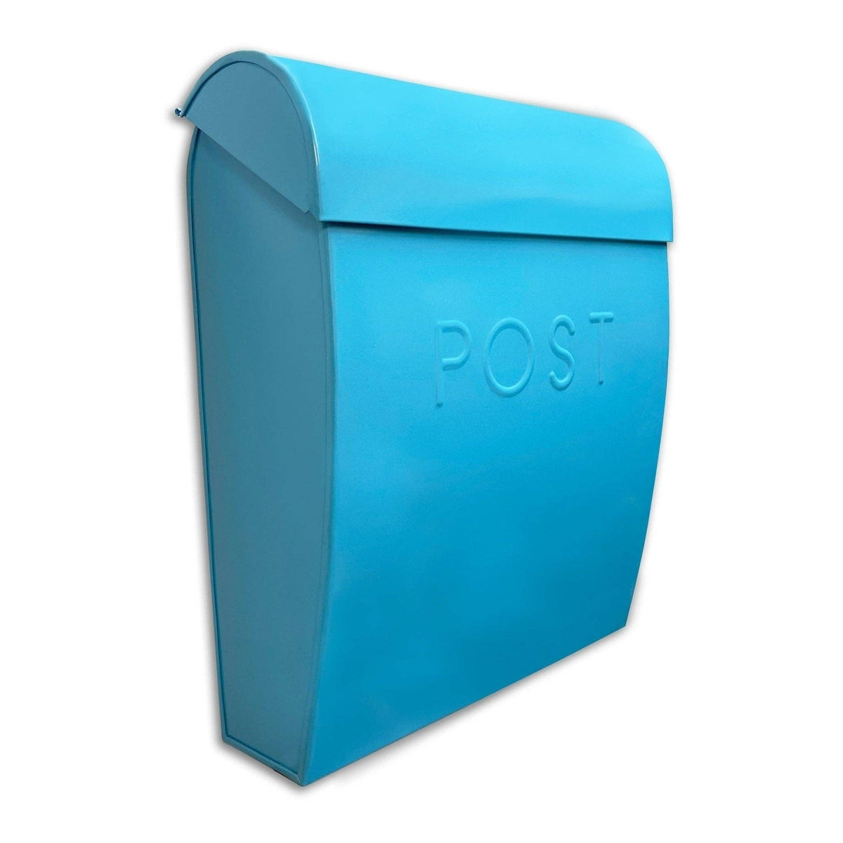 Bright blue galvanized European-style mailbox with embossed POST lettering - PABOOM