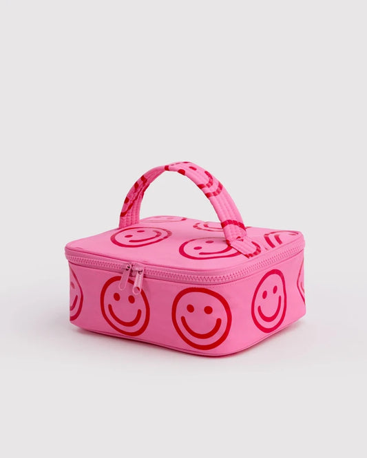 BAGGU Small Cosmetic Case in Azalea Pink Happy print with piped silhouette and zip closure - PABOOM