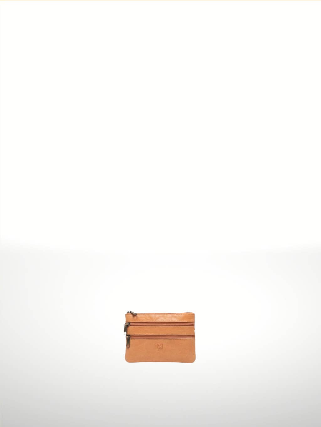 Titan Leather Wallet in Nude — compact three-zip leather pouch with embossed logo tab, shown flat on white background