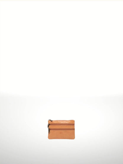 Titan Leather Wallet in Nude — compact three-zip leather pouch with embossed logo tab, shown flat on white background