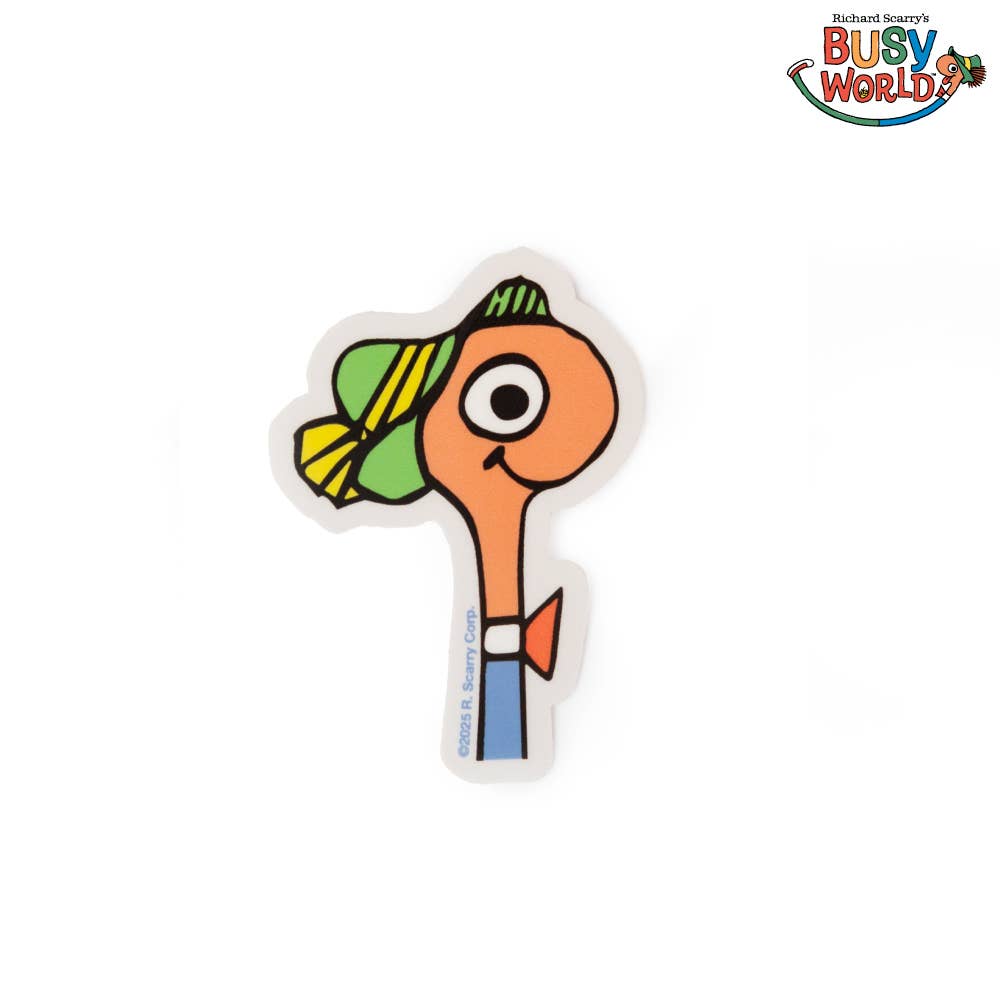 Vinyl sticker of Lowly Worm's head and shoulders, wearing a green and yellow striped cap and a blue collar with an orange bowtie.