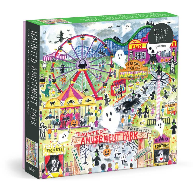 Michael Storrings Haunted Amusement Park 500 piece puzzle box with a watercolour Halloween carnival, Ferris wheel and ghosts - PABOOM