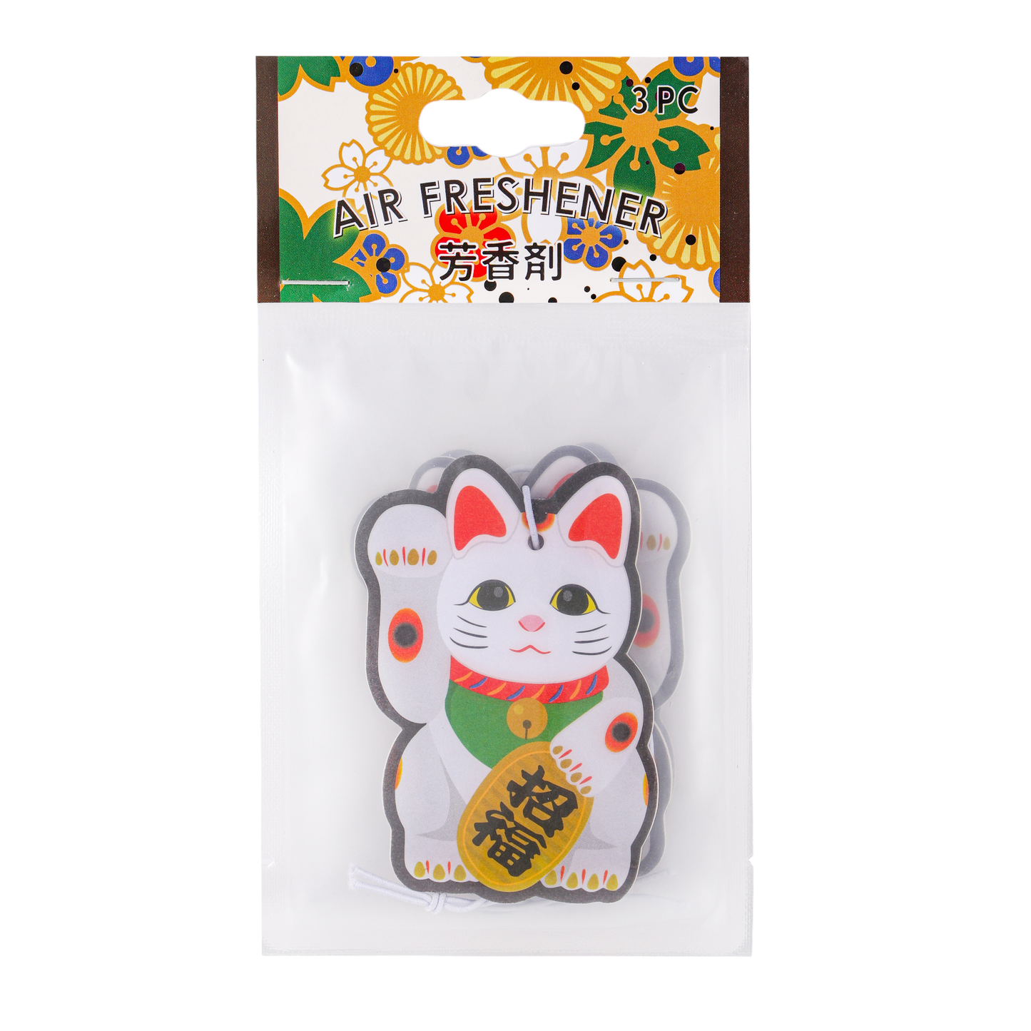 Cat-shaped air freshener packaging with colorful design on a white background