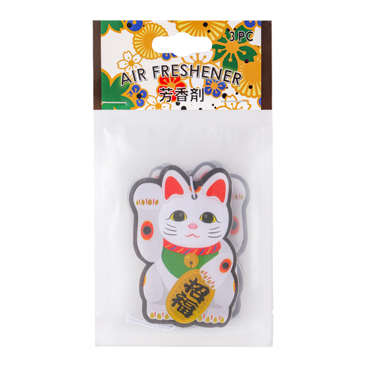 Cat-shaped air freshener packaging with colorful design on a white background