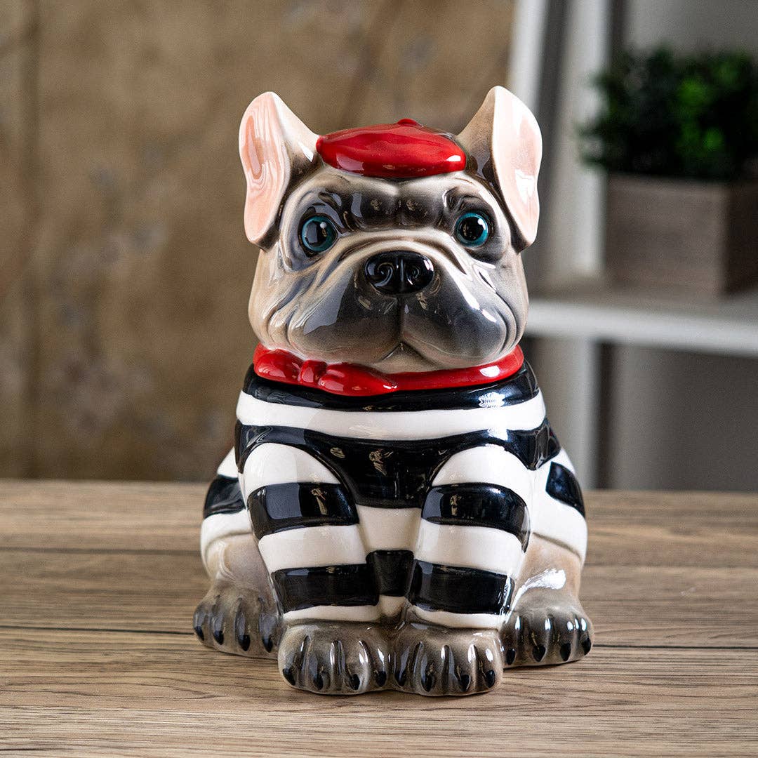 French Bulldog cookie jar displayed on a kitchen counter