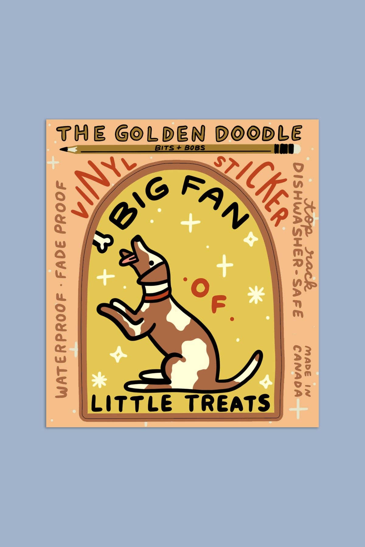 Arched sticker design featuring an illustrated brown and white dog jumping up excitedly with the text 'Big Fan of Little Treats,' The Golden Doodle branding