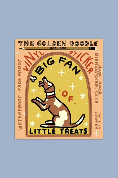 Arched sticker design featuring an illustrated brown and white dog jumping up excitedly with the text 'Big Fan of Little Treats,' The Golden Doodle branding
