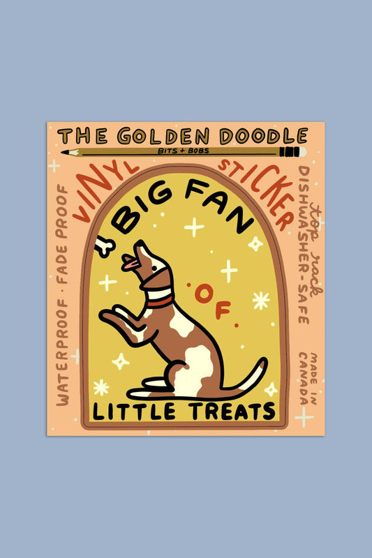 Arched sticker design featuring an illustrated brown and white dog jumping up excitedly with the text 'Big Fan of Little Treats,' The Golden Doodle branding