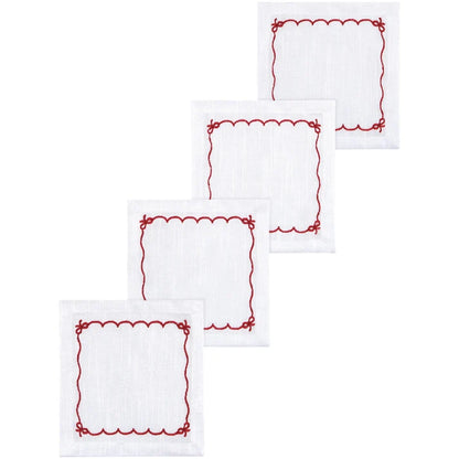 Four white cotton cocktail napkins with a red scalloped and bow-tied embroidered border – PABOOM