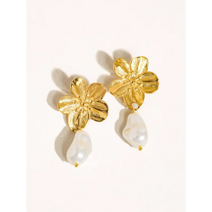 Flânerie by MAIQ - Cypress 18K Gold Non-Tarnish Flower Pearl Earring Yellow