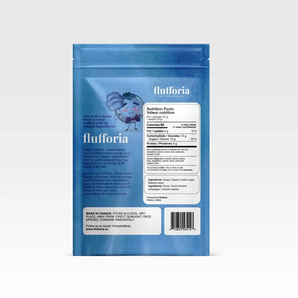 Package of Flufforia’s cotton candy, bluebeary flavour, blue package, back side with nutrition facts and ingredients - PABOOM