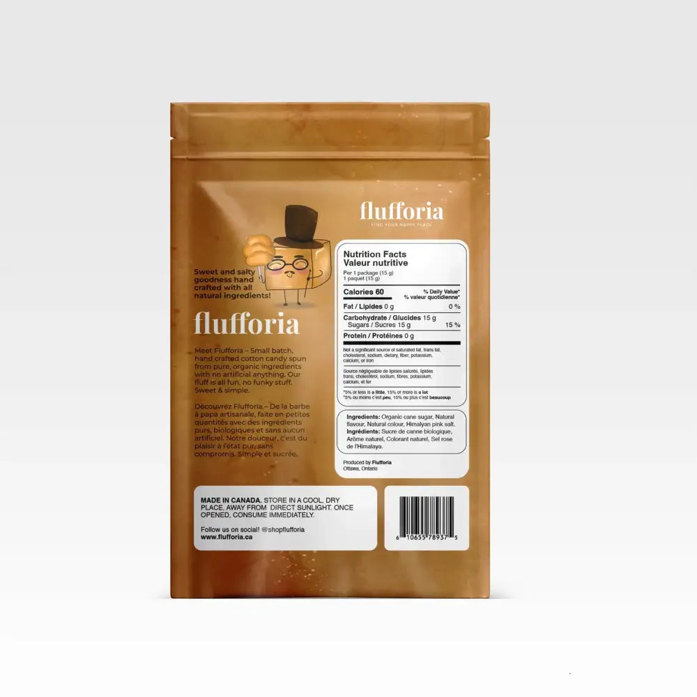 Package of Flufforia’s cotton candy, caramel flavour, brown package - backside with nutrition facts and ingredients - PABOOM