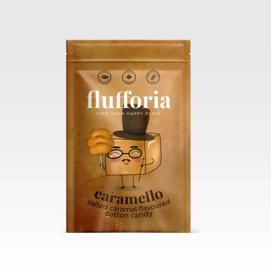Package of Flufforia’s cotton candy, caramel flavour, brown package - PABOOM